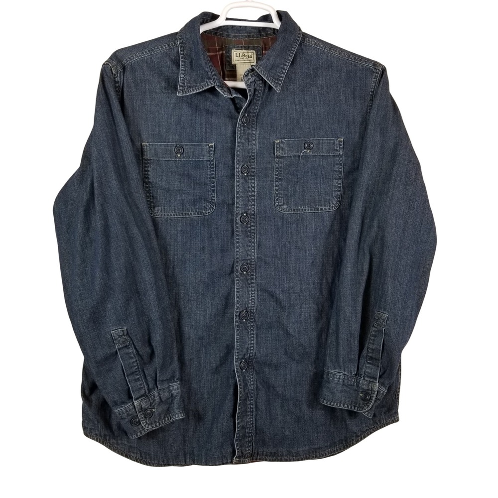 LL Bean Mens Large Blue Denim Flannel‎ Lined Shirt Jacket Button Down OKUP6